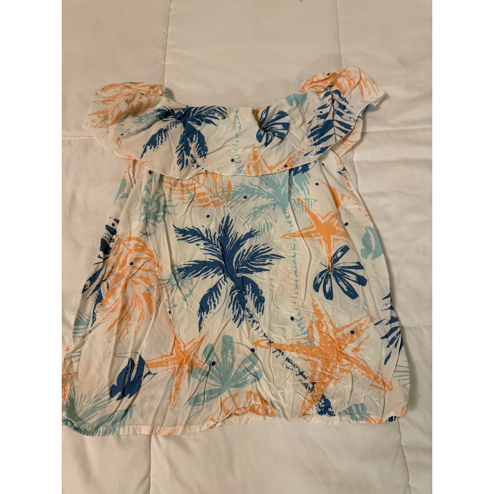 Hawaii Hangover Women Tropical Palm Tree Starfish Ruffle Off Shoulder Top Medium